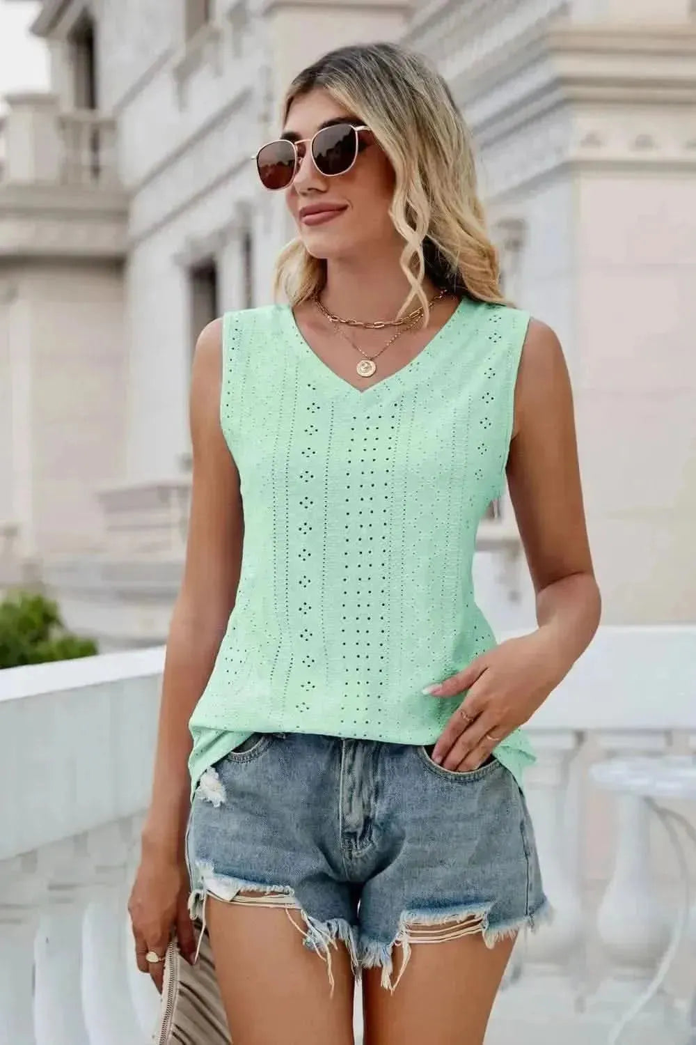 Eyelet V-Neck Tank - Bad Moms Club