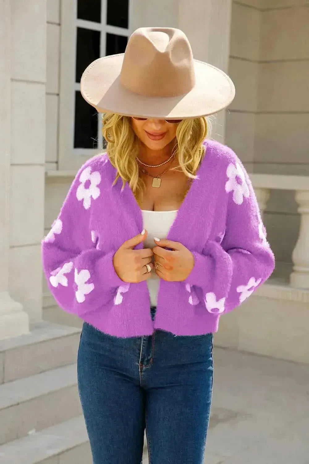Floral Open Front Fuzzy Cardigan - Bad Moms Club