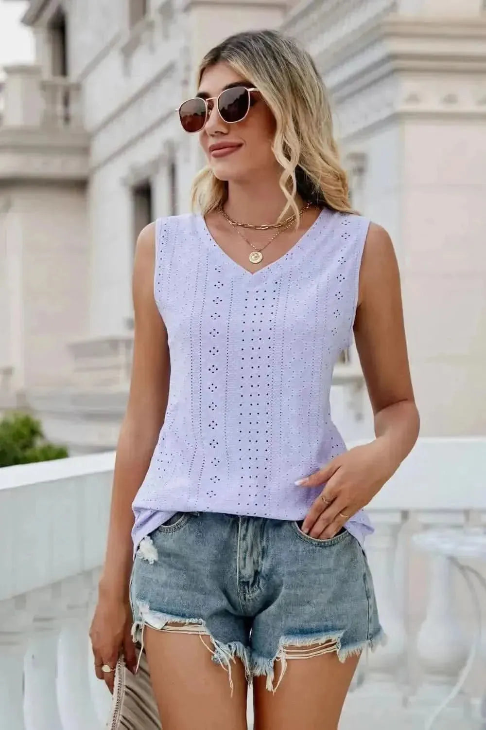 Eyelet V-Neck Tank - Bad Moms Club