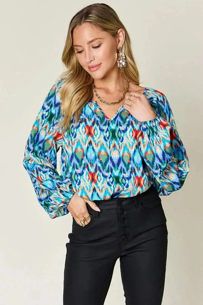 Double Take Full Size Printed Balloon Sleeve Blouse - Bad Moms Club
